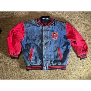 Vintage Disney Store Kids Medium Mickey Mouse MVP Jean Bomber Jacket 1928
